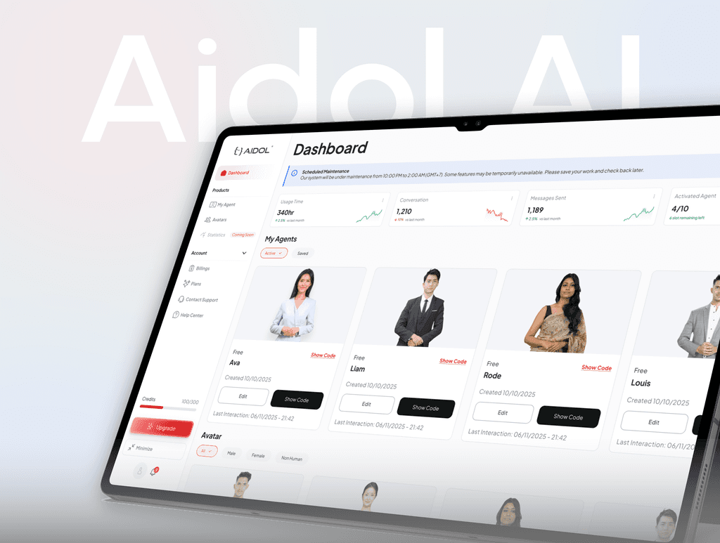 The agent dashboard — usage, conversations, messages sent and activated agents above a gallery of the user's own avatars.