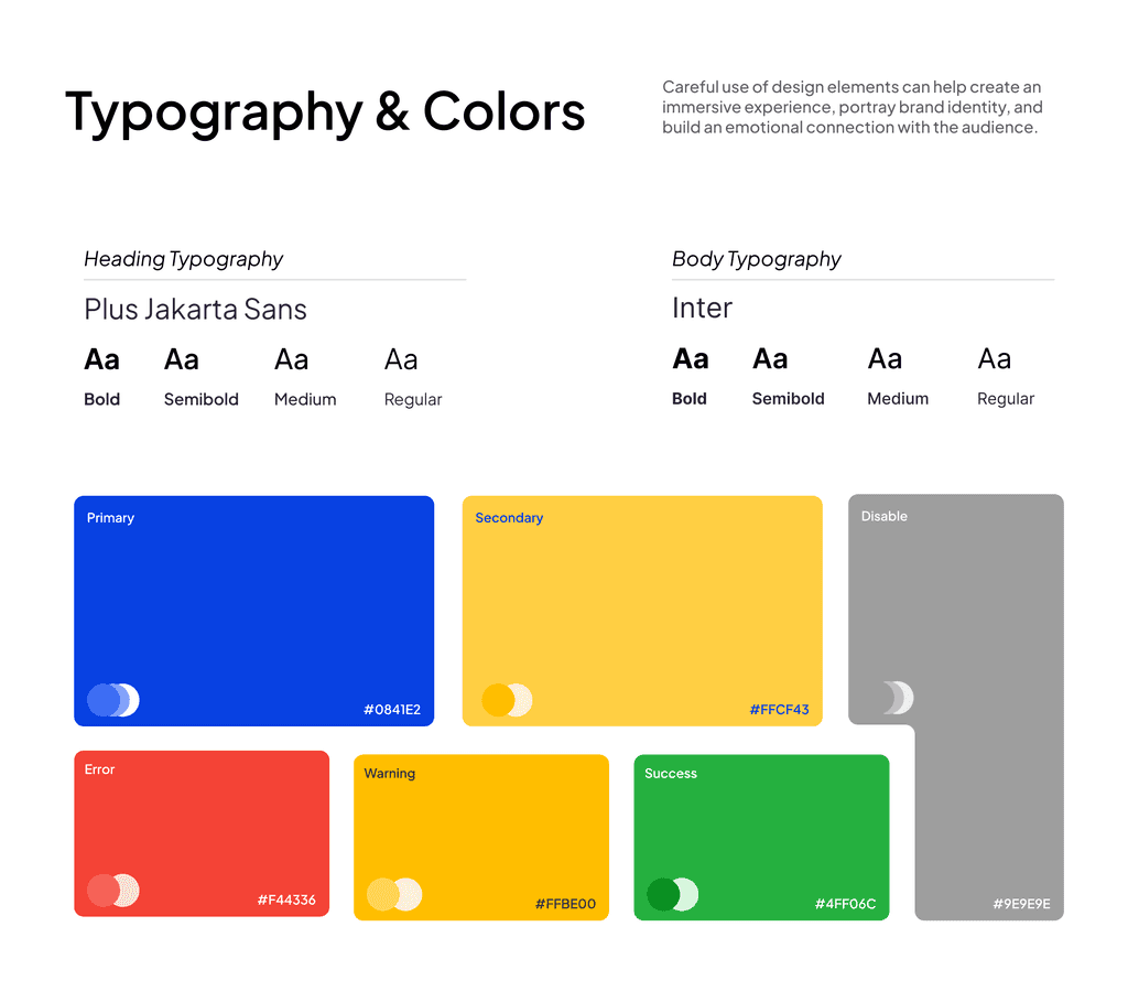 Typography and colour, with hex values fixed per role.