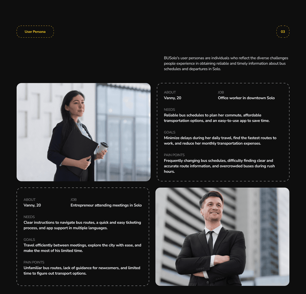 User personas — daily commuter and visiting entrepreneur.