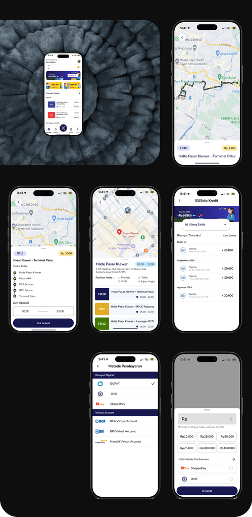 Route detail, schedules, wallet and payment.