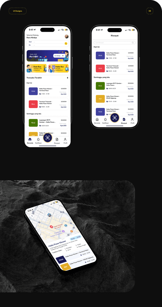 Home, transaction history and the live map.